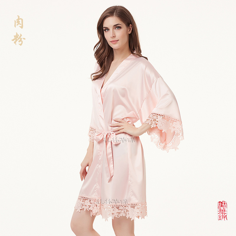Cross-border wedding morning run Lace matte stretch bathrobe, matte satin lace bathrobe A900A XXXL Item Picture