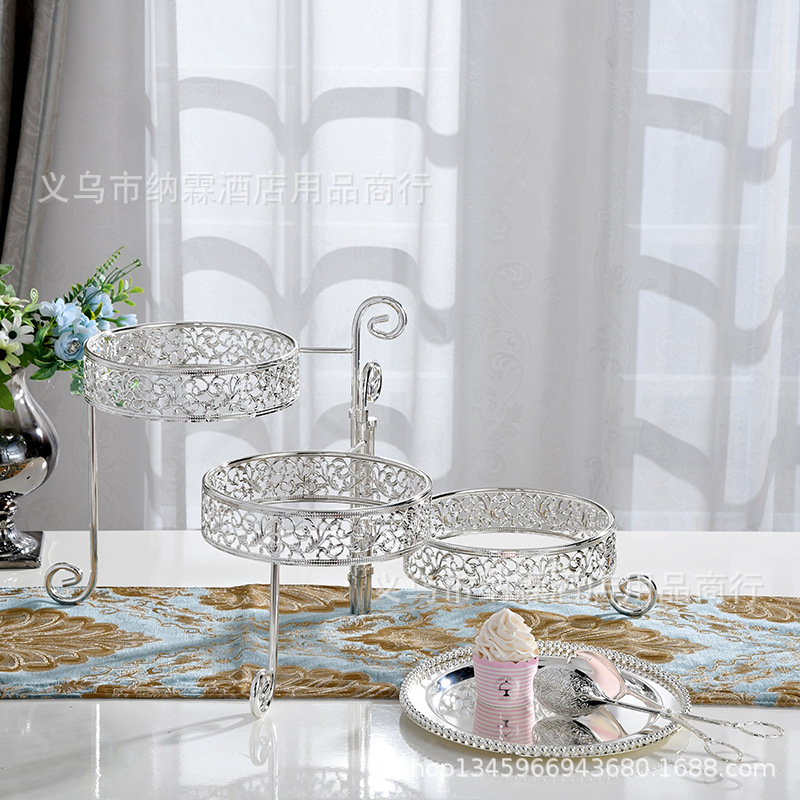 European Luxury Three Layers Can Rotate Silver Plated Ktv Fruit Plate Dessert Plate Cake Rack Birthday Wedding Bar Fruit Plate Specification drawing
