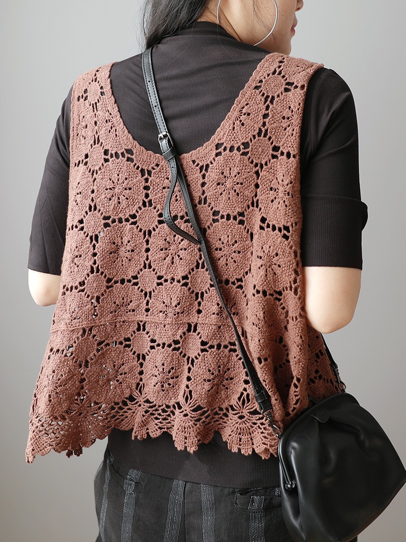 Jian Meng You You Cotton thread hook pattern hollowed-out mini vest, Spring and Autumn New retro Artistic loose sleeveless mini vest top Specification image