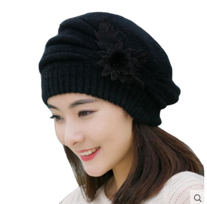 Otoño invierno mamá sombrero moda versátil flor conejo sombrero de lana engrosada boina térmica sombrero de lana de punto Item Picture