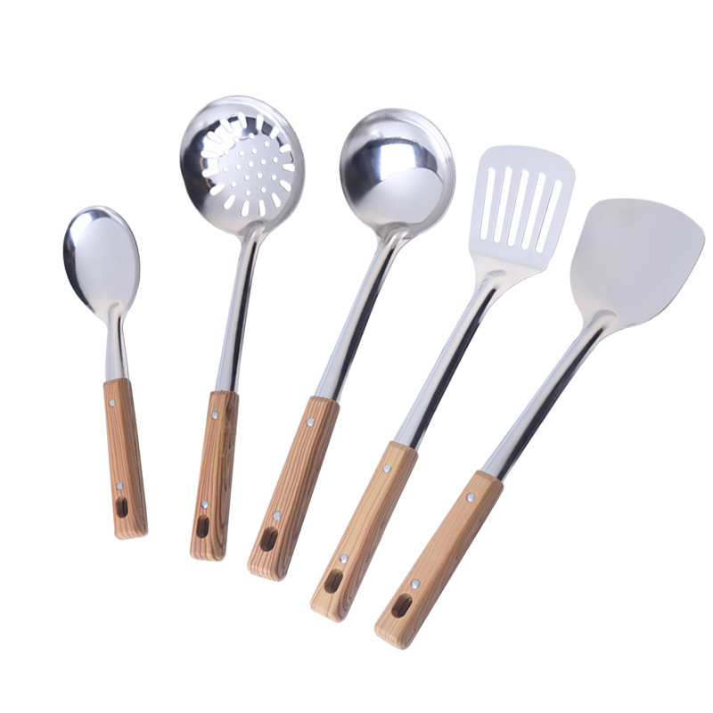 Thickened Stainless Steel Household Kitchen Spatula Imitation Wood Grain Handle Frying Spatula Rice Spoon Colander Cooking Utensil Five-Piece Set Item Picture