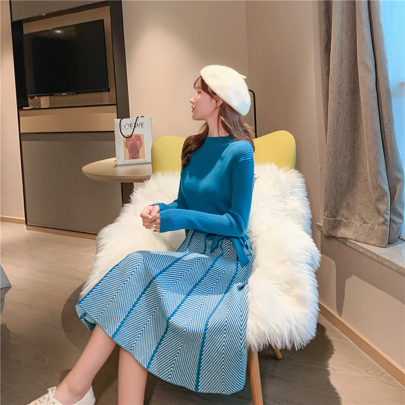Long sweater dress women over the knee lacing waist closed Korean version 2021 new black with coat knit dress winter and autumn