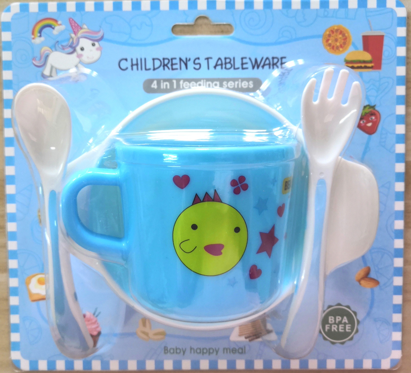 Cutlery set for children cup, fork, spoon and bowl for kindergarten children Specification drawing