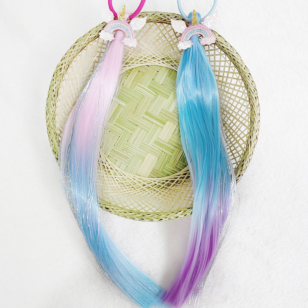 Children's fake hair manual bow color wig ponytail wave waveless waveless connection method manufacturers direct sales Item Picture