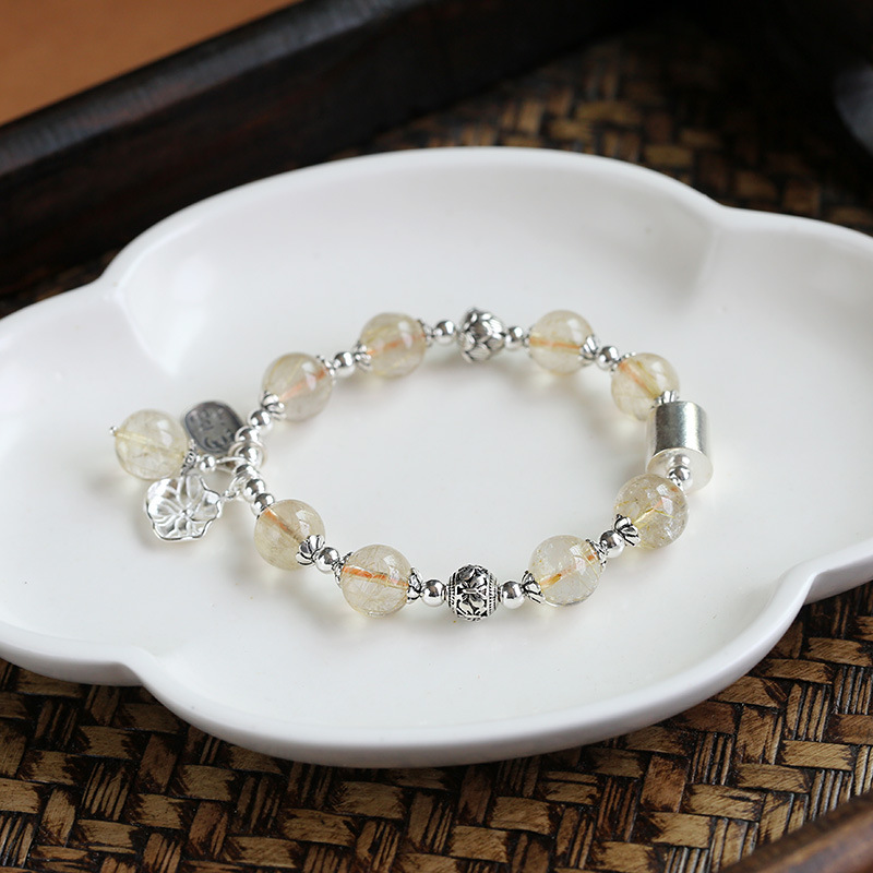 Powerful wealth, prosperous career, original natural gold hairstone, retro pure silver bracelet, lotus leaf crystal bracelet, high-end women's style details Picture