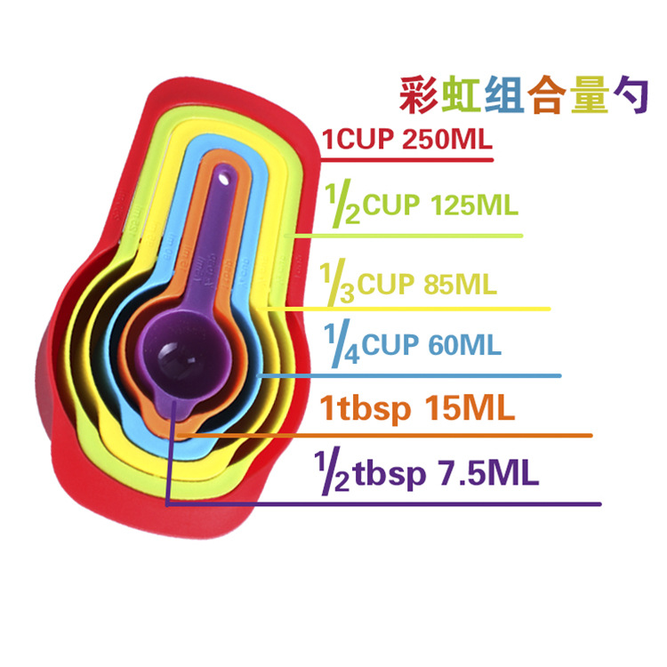 Color box manufacturers wholesale DIY color plastic measuring spoon with scale 6-piece measuring spoon measuring cup baking tools Specification drawing