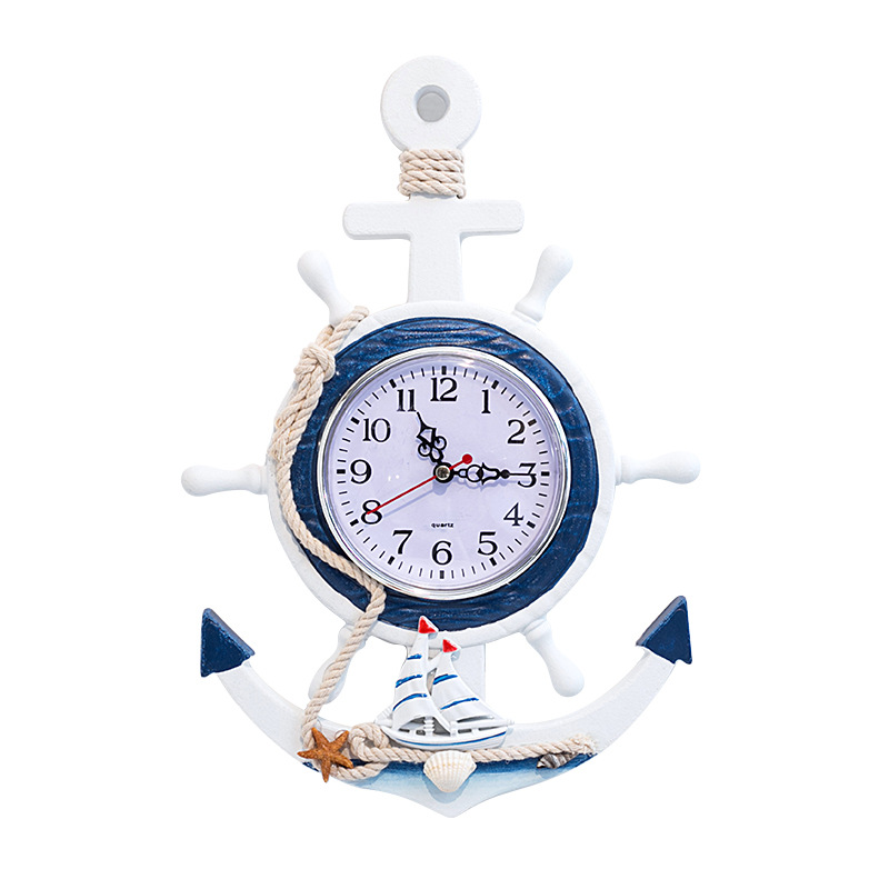 地中海风格蓝白船舵舵手船锚创意个性挂钟钟表电子表装饰航海时钟（价格面议）详情图4