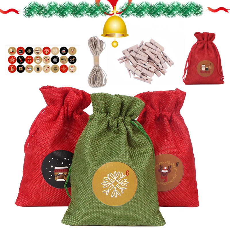 跨境新款 圣诞套装麻布袋 1-24圣诞降临日历圣诞节装饰礼品袋套装详情图3
