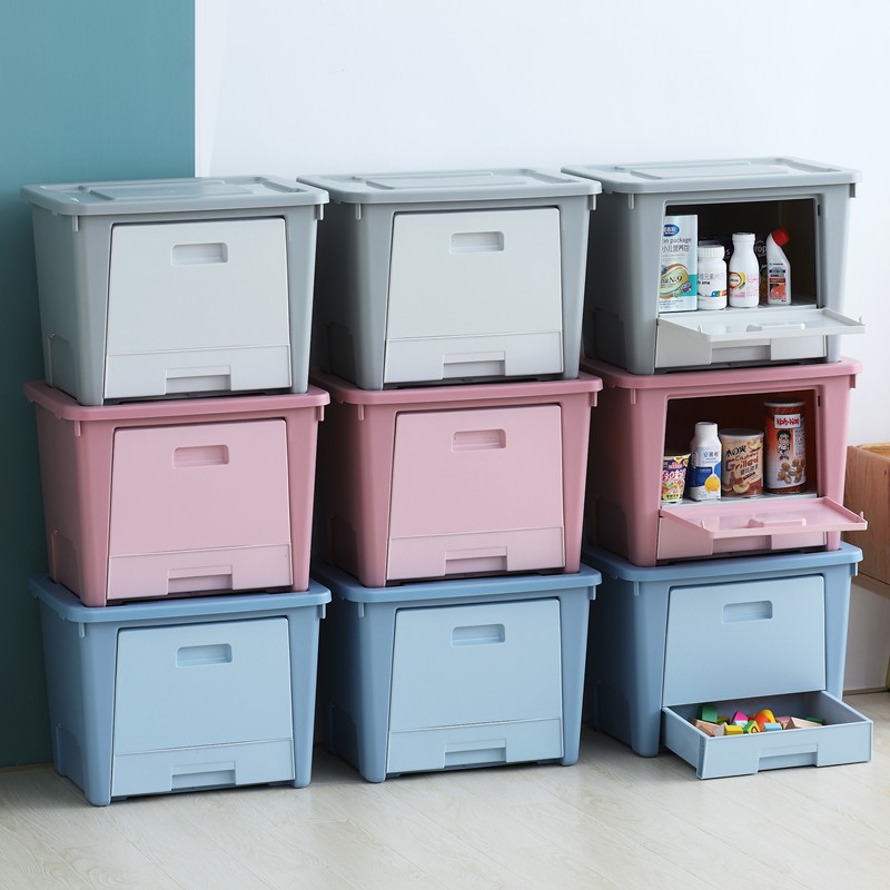 Inclined clamshell storage box open front with drawer plastic organizer large sundry toy storage box customization details Picture