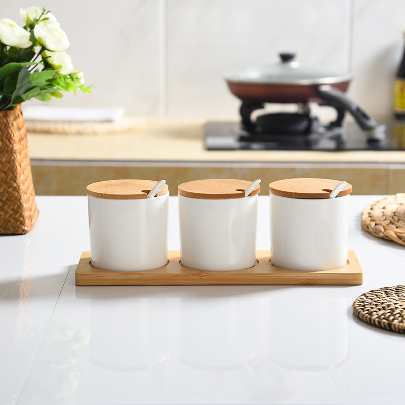 特价批发厨房用品亚马逊创意陶瓷调味罐套装调料盒直身竹盖三件套详情图1