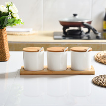 特价批发厨房用品亚马逊创意陶瓷调味罐套装调料盒直身竹盖三件套
