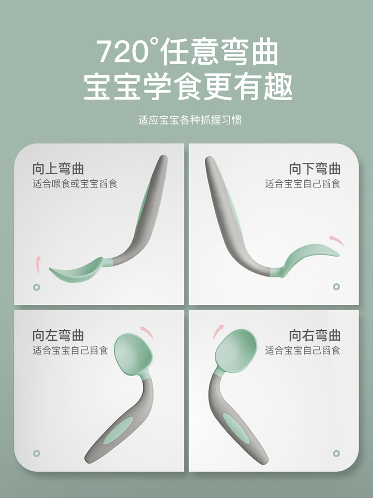 Baby Spoon Baby Learning To Eat Training Spork And Spoon Set Complementary Food Elbow Flexible Twist Spork details Picture