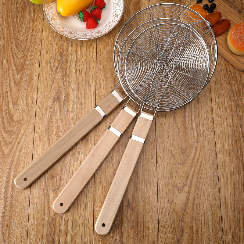 Qianyu Large Wooden Handle Stainless Steel Line Slotted Spoon Household Hot Pot Scoop Line Oil Leakage Dumplings Strainer Double Wire Skimmer Kitchen details Picture