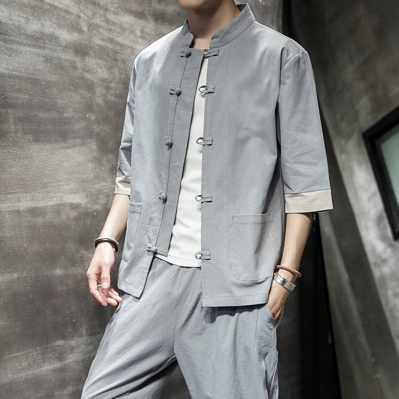 2020 Summer New Chinese Style Cotton And Linen Tray Buckle Tang Suit Men's Retro Large Size Fashion Linen Men's Casual Coat details Picture