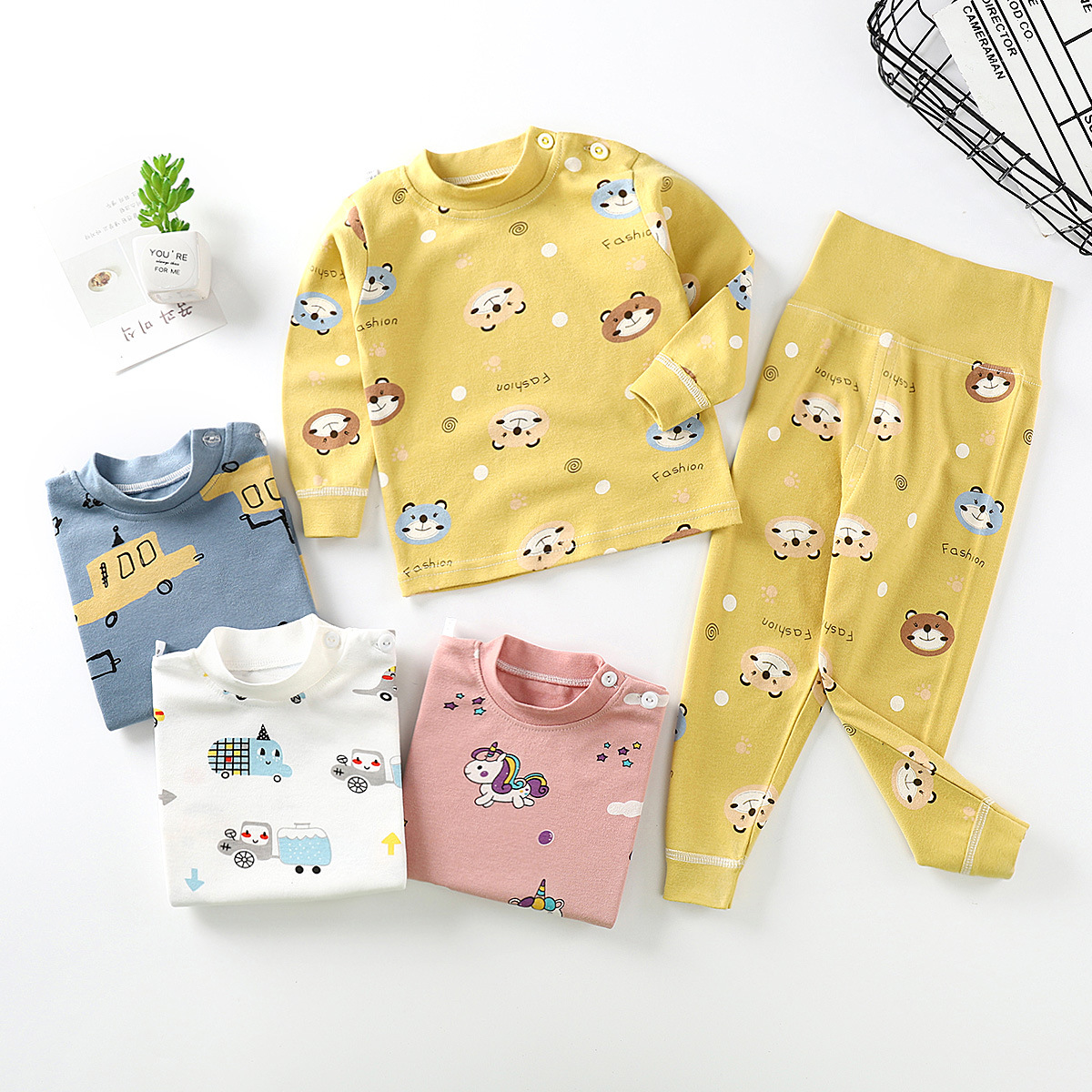 Children's underwear sets, baby pure cotton thermal underwear and long Johns, boys' and girls' spring and autumn pajamas, high-waisted belly protection pants, baby clothes