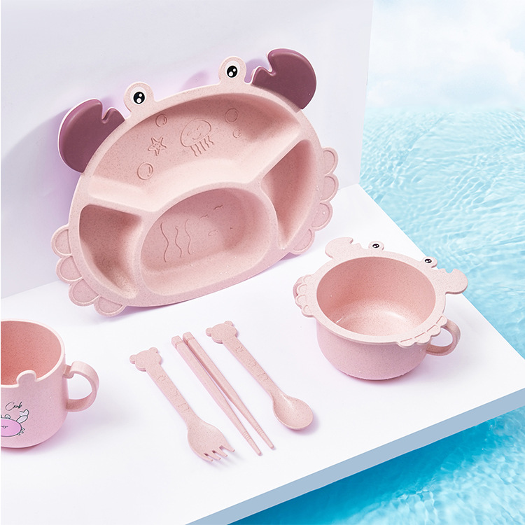 Wheat straw children's plates, bowls and cups set, kindergarten plates, compartments, eating plates, cartoon crab anti-drop tableware Specification image