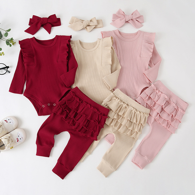Wholesale of three-piece casual pink long-sleeved lace sleeved dress for girls in autumn 2022 with bow headwear