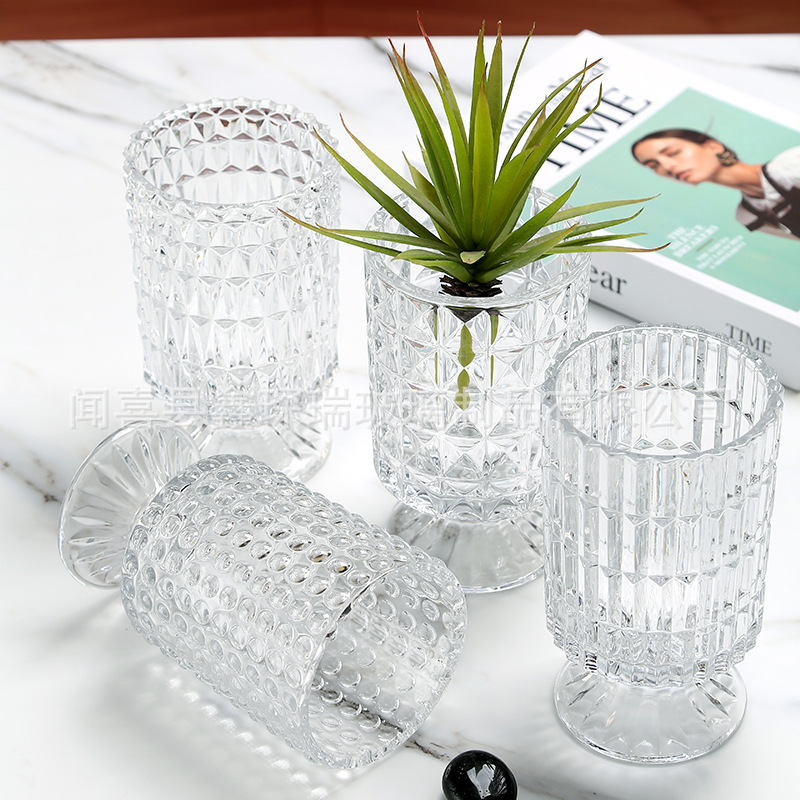 Nordic Simple Relief Tall Glass Vase Transparent Living Room Flower Arrangement Hotel Wedding Candlestick Wind Lamp Ins Decoration details Picture