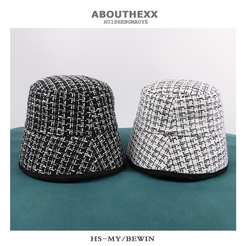 Little Chanel wind hat, children's autumn and winter black and white checkered bucket hat, Korean style versatile fisherman hat, Japanese style casual knitted basin hat details Picture