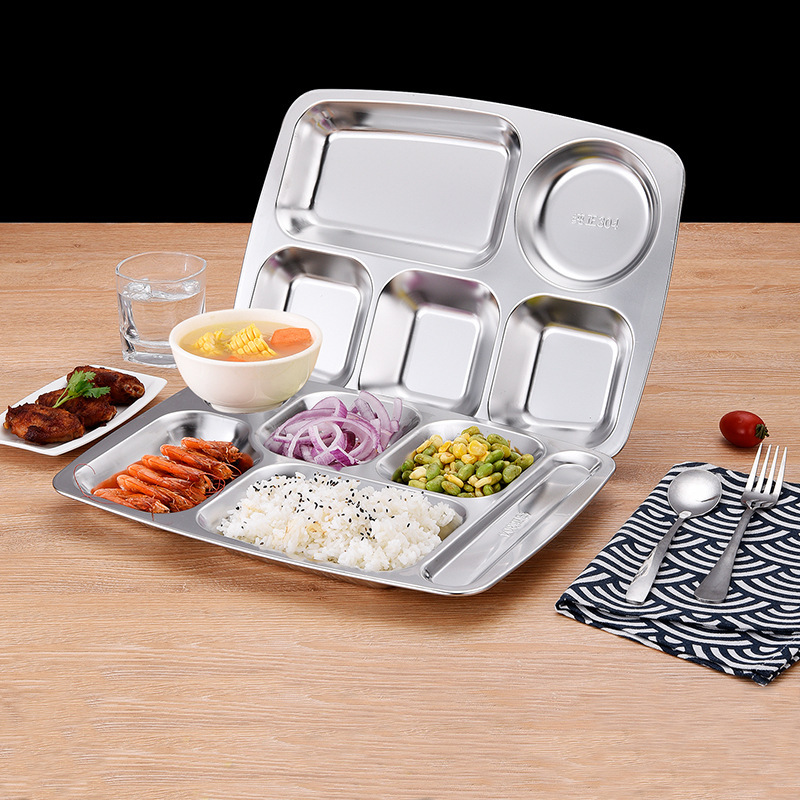 304 stainless steel fast food plates, deepened and thickened, divided plates, round and square, stainless steel plates for school canteens details Picture