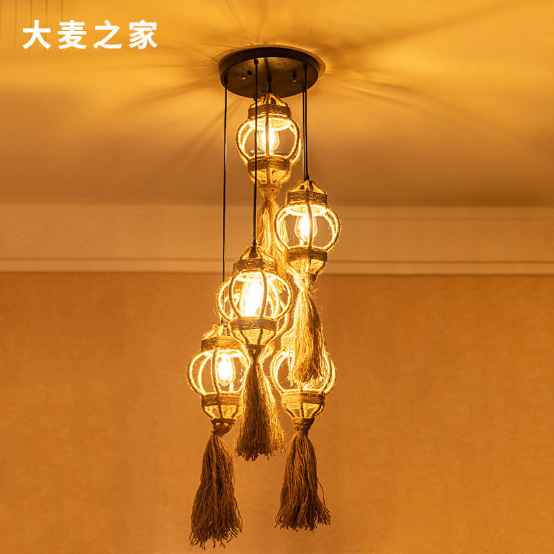 麻绳吊灯龙珠造型吊灯 北欧美式乡村主题餐厅LED装饰灯