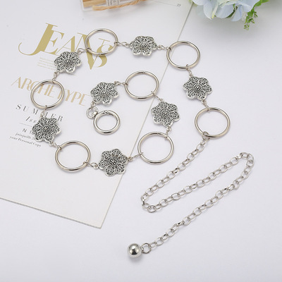Tendencia mujer flor cadena moda retro casual decoración con jeans nuevo anillo de cintura de metal cadena para mujeres