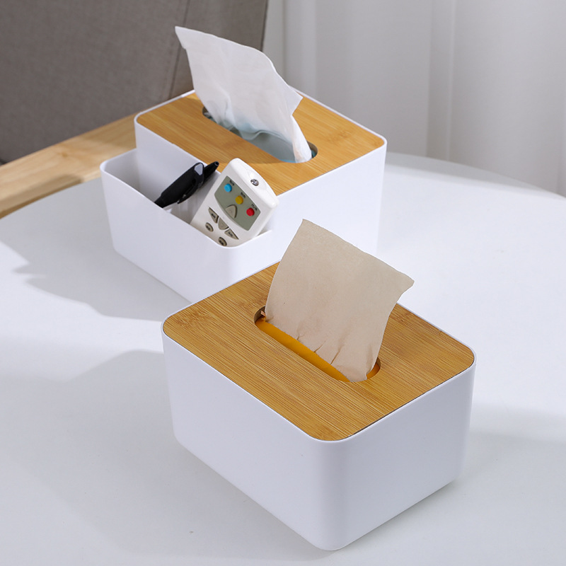 多功能竹木盖纸巾盒创意桌面抽纸盒家用客厅简约塑料遥控器收纳盒图