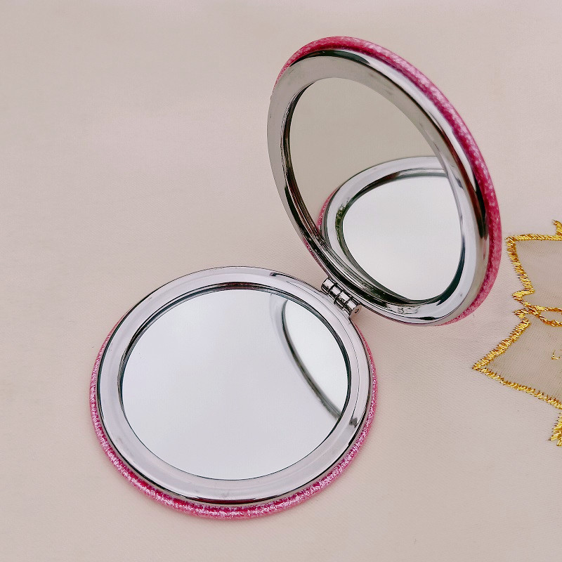 新款简约粉小镜子折叠PU皮随身便携双面镜子小清新圆化妆镜口袋镜详情图3