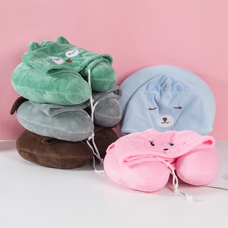 Hooded U-pillow, hooded U-shaped pillow, hooded light-blocking neck protection, airplane couple cartoon neck pillow details Picture