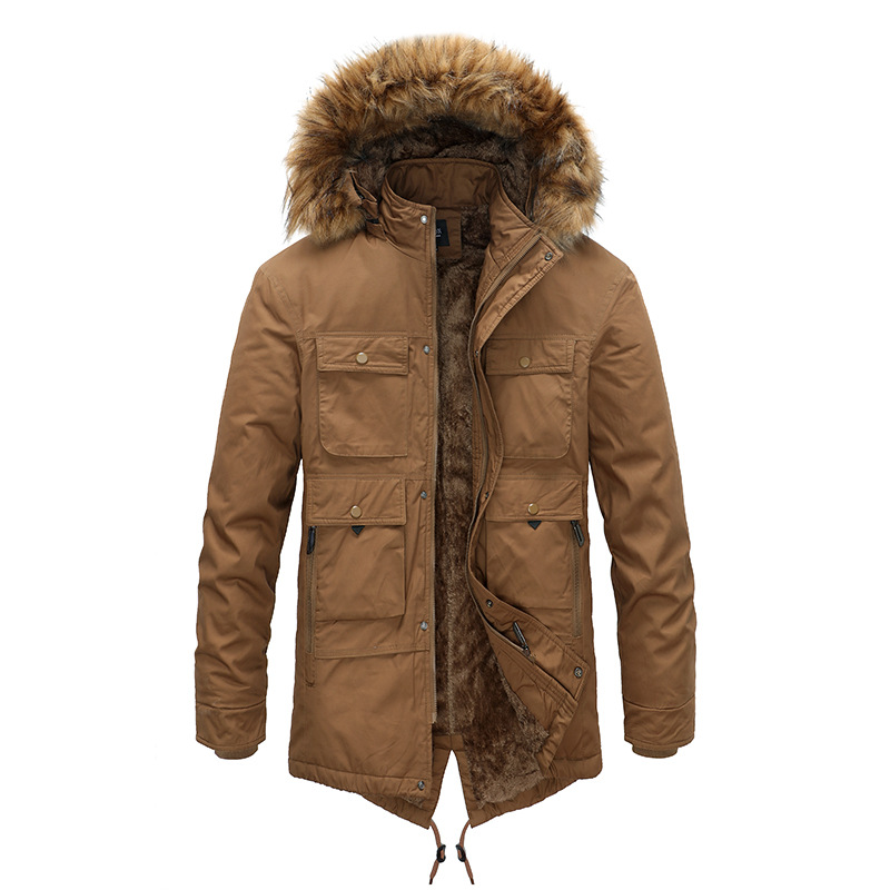 New winter coats for men on Amazon for foreign trade, mid-length cotton-padded jackets with fleece, thickened cotton-padded jackets with fur collars for warm men's wear Item Picture