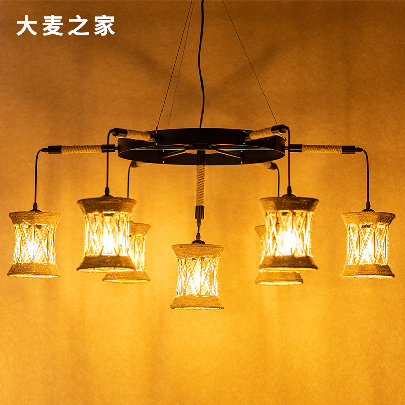 Lantern, retro hemp rope, American hemp rope, ironwork, retro and nostalgic industrial style, restaurant, barbecue, restaurant, bar lighting fixtures