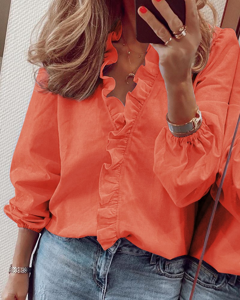 2022 Amazon wish Independent Site ebay Spring/Summer New long-sleeved ruffled blouse women's shirts from Europe and America Specification image