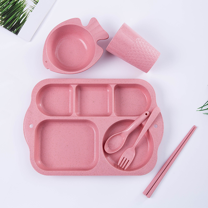 小麦秸秆儿童餐具套装 幼儿园分格餐盘碗杯子筷叉勺子六件套