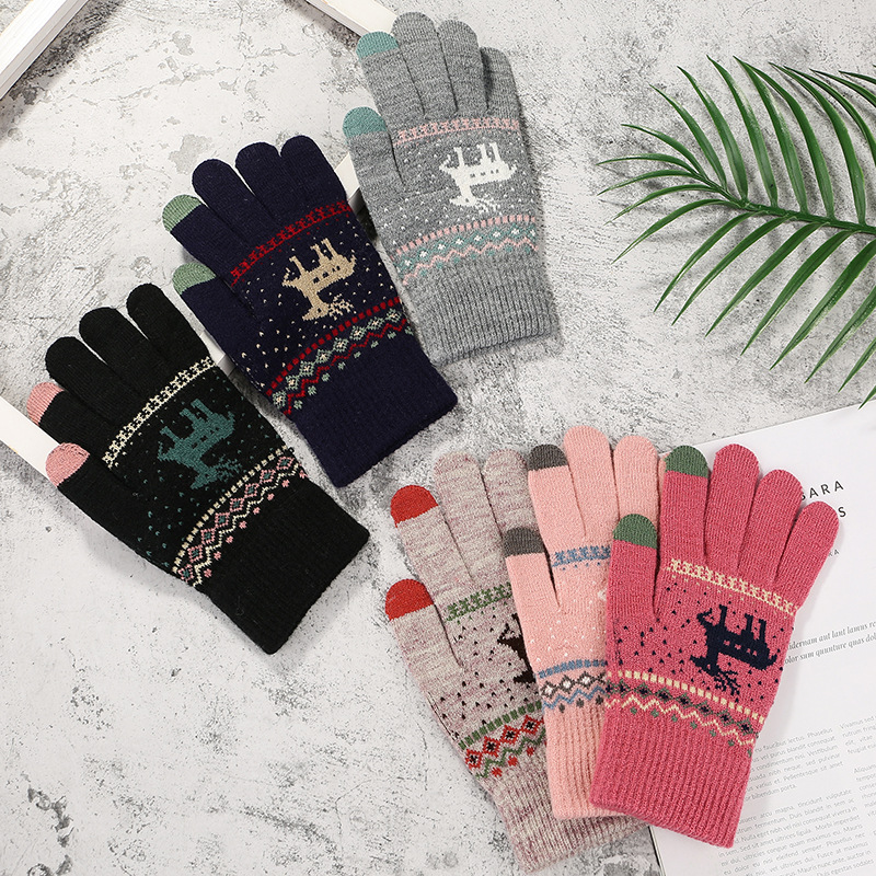 Manufacturers Wholesale 2022 Autumn And Winter New Knitted Touch Screen Deer Gloves Female Korean Version Thickened Wool Warm Gloves Specification drawing