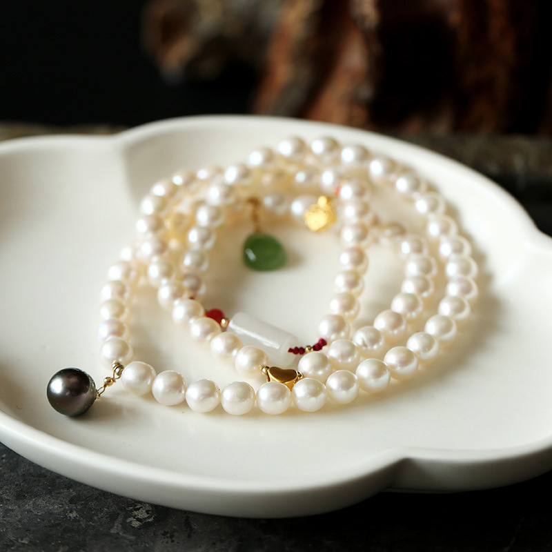 Pure gold K gold handcrafted series pure gold 999 lucky lock heart natural ak nearly round freshwater pearl wound three times bracelet Specification image