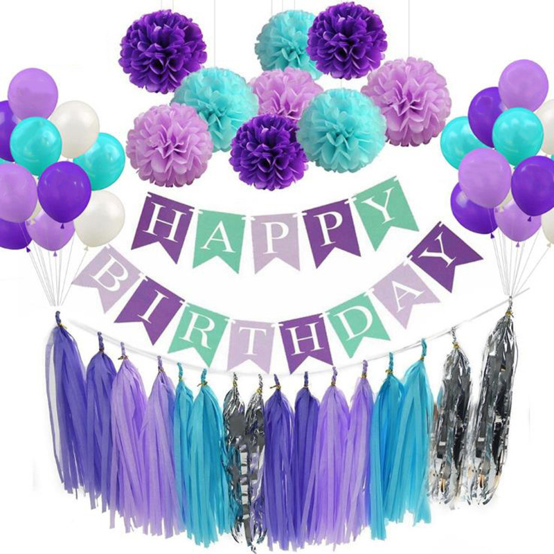 亚马逊热销美人鱼主题派对装饰美人鱼生日拉旗横幅happy birthday