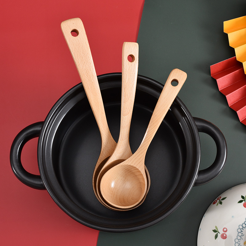 Beech Home Large Soup Wooden Spoon To Drink Soup Porridge Hot Pot Spoon Creative Wooden Long Handle Soup Spoon details Picture
