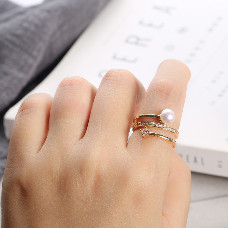New European and American style 14K gold multi-layer diamond three-dimensional pearl ring for women's jewelry, elegant and resonant details Picture