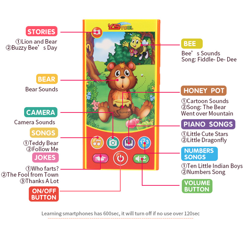 Cute baby children's smart early education machine, cartoon learning mobile phone, girl rabbit eating honey bear, music story, educational phone toy Specification image
