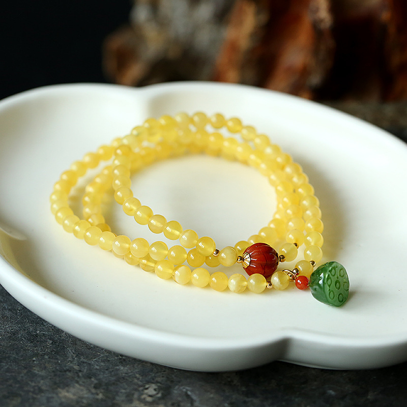 High-end natural three-ring beeswax bracelet, 14K gold-plated south red agate, ethnic style multi-ring Russian material beeswax bracelet for women details Picture