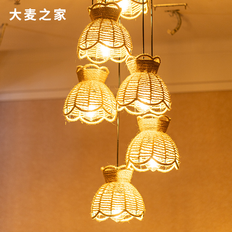 Hemp rope hanging lamp, coffee shop bar counter, restaurant, hemp rope lamp, LED retro European style single-head ceiling lamp