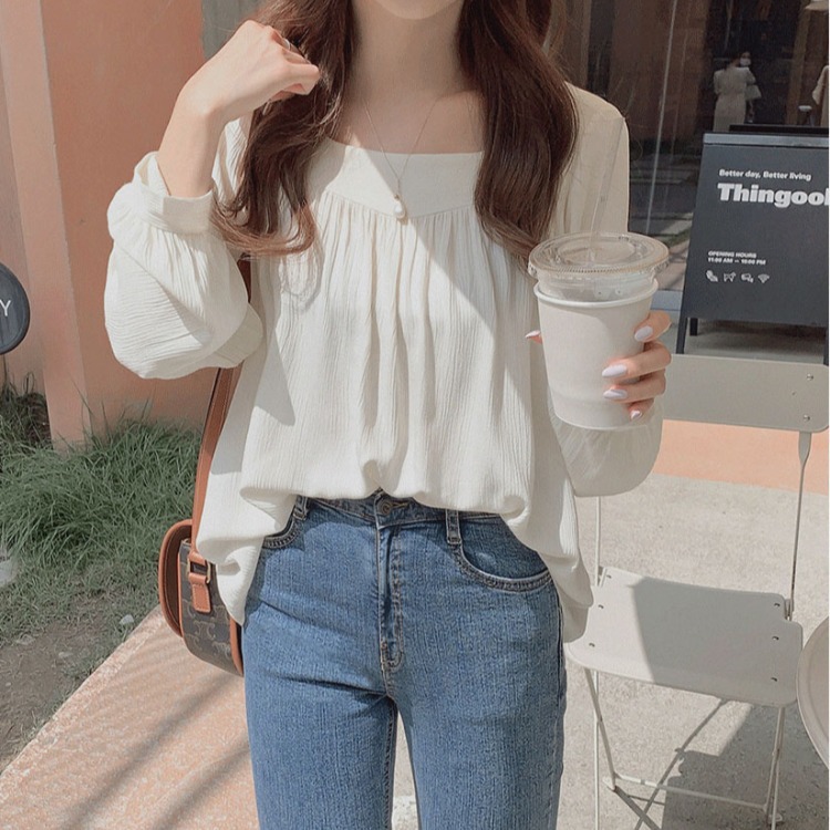 2022 Early Autumn new Korean-style long-sleeved loose square-neck top, solid-color shirt, women's design sense chiffon shirt Specification image