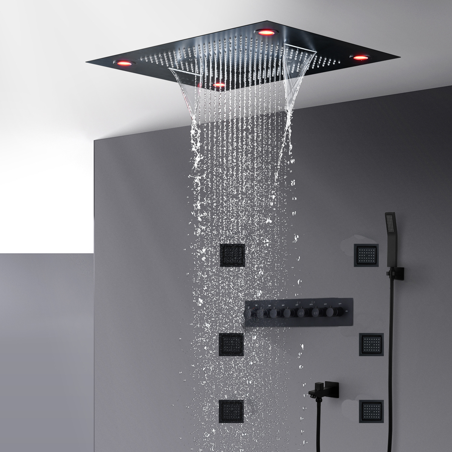 Matte Black Sky Curtain Shower Big Top Spray Black Constant Temperature Multi-Functional Spray Waterfall Rain Curtain Massage Shower Set Item Picture