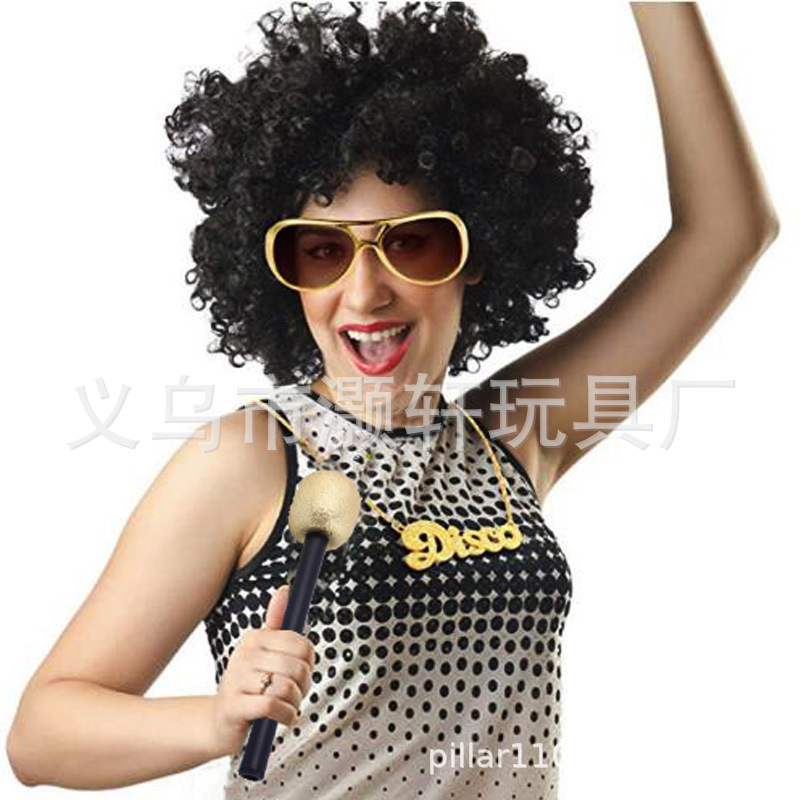 5060's Disco gold plated necklace Wig microphone Elvis Glasses set Cosplay holiday era dress up Specification drawing