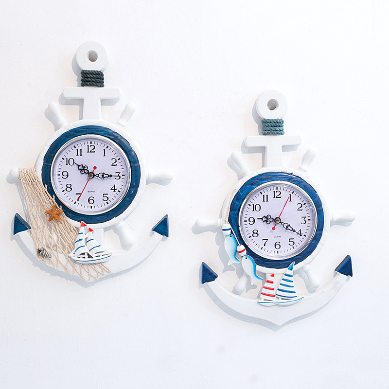 地中海风格蓝白船舵舵手船锚创意个性挂钟钟表电子表装饰航海时钟（价格面议）详情图2