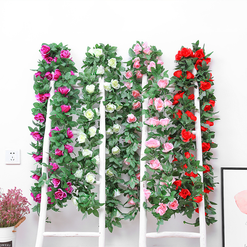 仿真玫瑰花藤条壁挂管道缠绕绿叶藤条室内婚庆装饰假花吊顶花藤