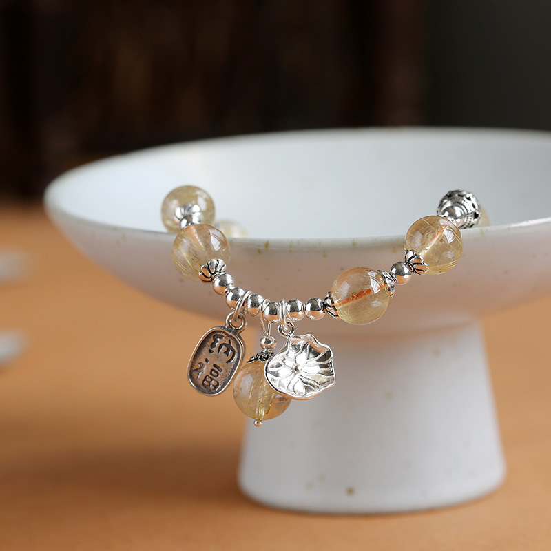 Powerful wealth, prosperous career, original natural gold hairstone, retro pure silver bracelet, lotus leaf crystal bracelet, high-end women's style Application Scenario