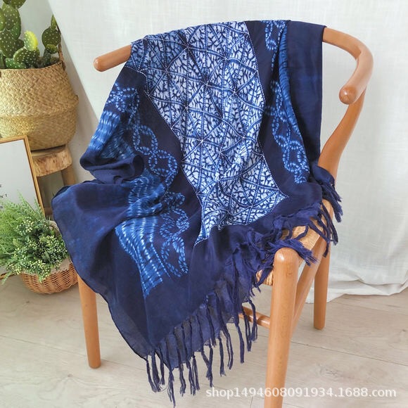 Women's Long Scarf New Tie-Dye Navy Blue Gauze Scarf Gradient National Style Cape Vintage Print Dazzling Color Scarf Application Scenario