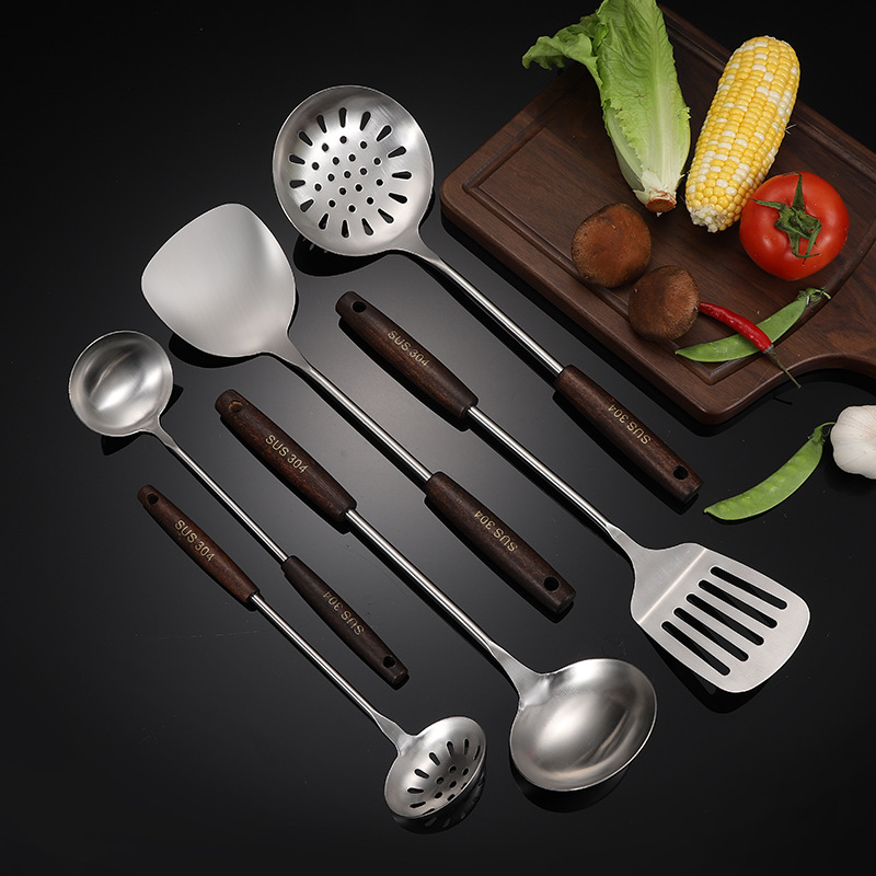 铂多宝304不锈钢厨具复古木柄锅铲炒铲汤勺漏铲漏勺汤壳厨房用品