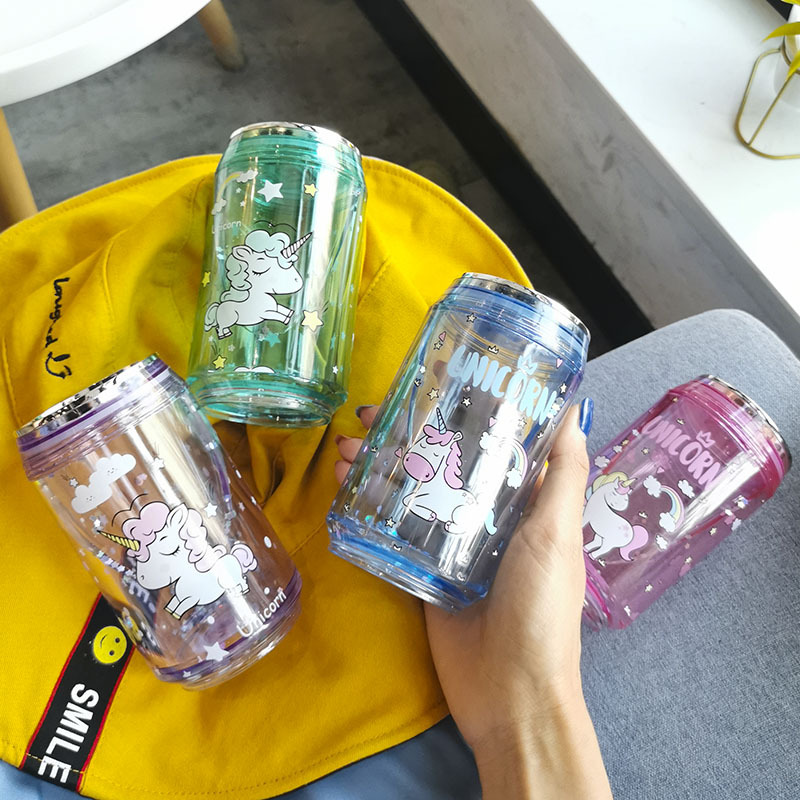 百利友夏季独角兽双层塑料杯创意易拉罐女学生喝水杯子户外水杯